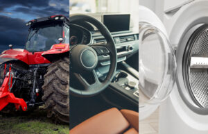 composição de imagem de trator, volante de carro e máquina de lavar
