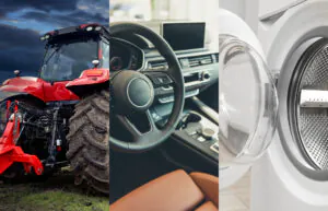 composição de imagem de trator, volante de carro e máquina de lavar